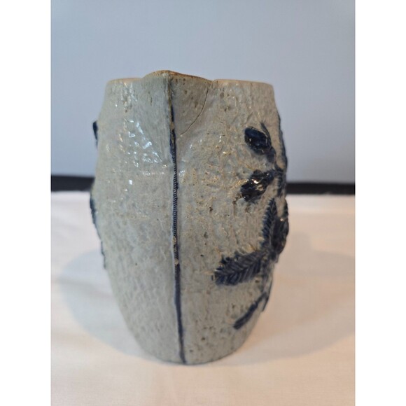 Antique Utica Pottery Stoneware Pitcher Blue Raised Rose Pattern 1800s - As Is - Picture 10 of 11